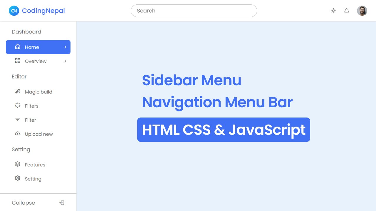Responsive Side Navigation Bar in HTML CSS and JavaScript 1 Side Navigation Bar in HTML CSS and JavaScript